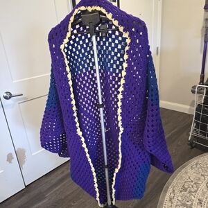 Open-Front Crocheted Women's Shrug in Purple with Cream Trim